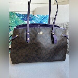 Coach Brown Signature Tote with Purple Trim